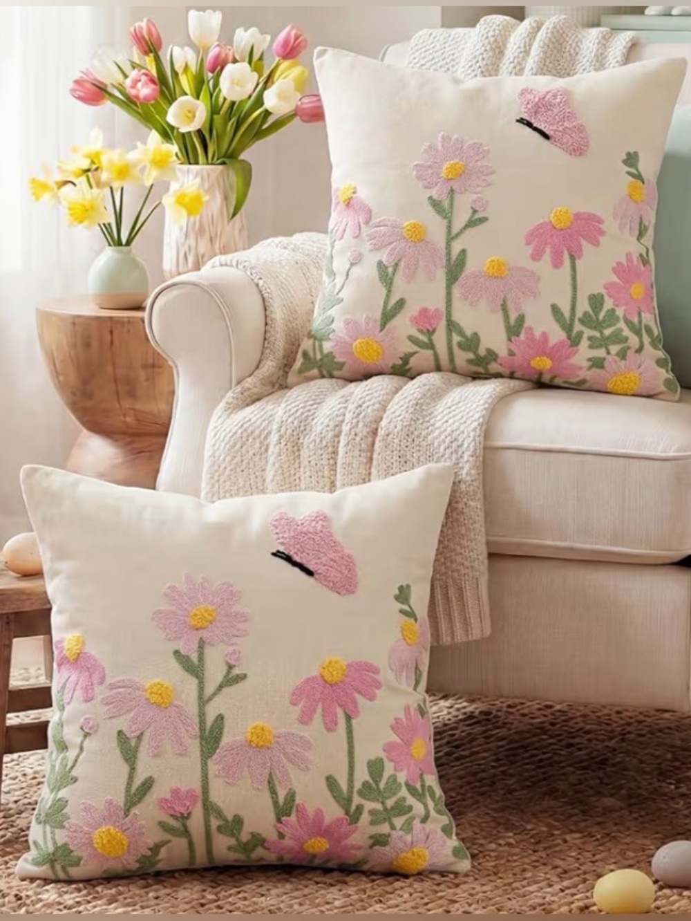 2 Embroidered Throw Pillow Covers Pink and Yellow Floral /Butterflies. Zippered